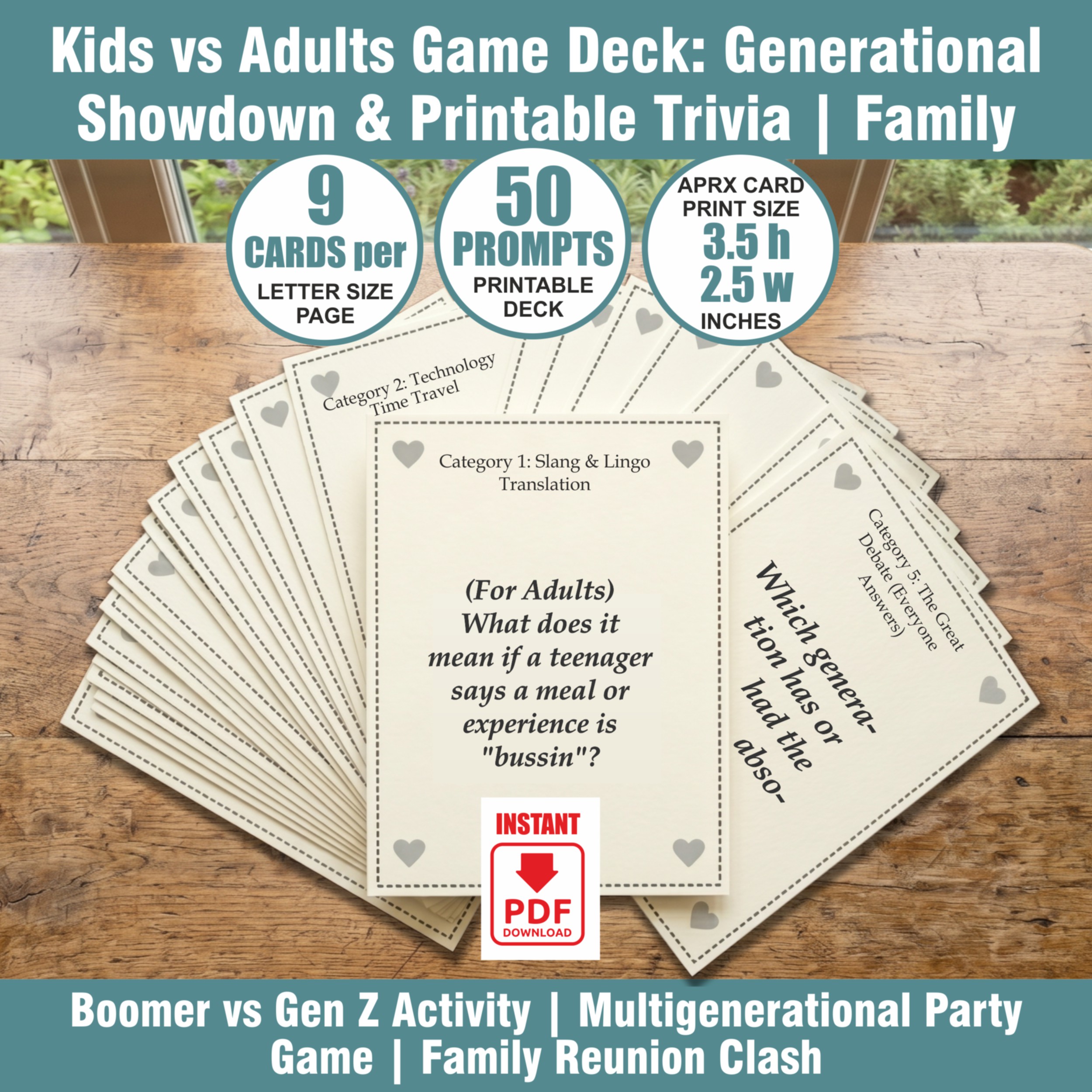 Kids vs Adults Game Deck: Generational Showdown & Printable Trivia | Family PDF